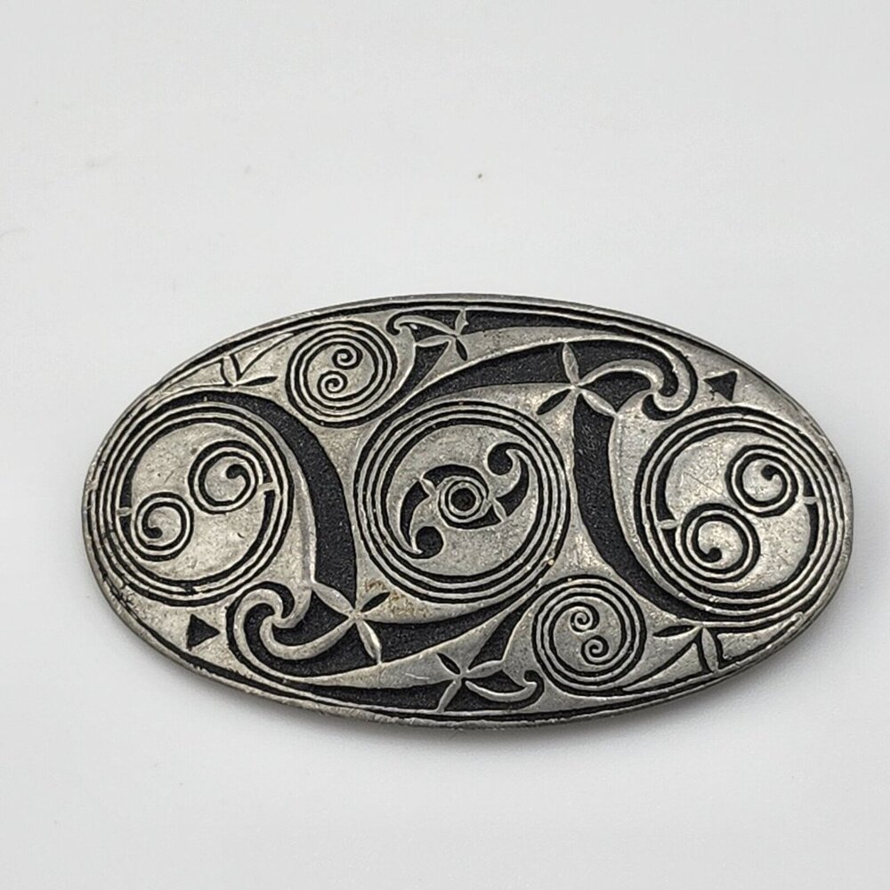 Signed St. Justin Pewter Oval Brooch, Pin 2-1/4"‎